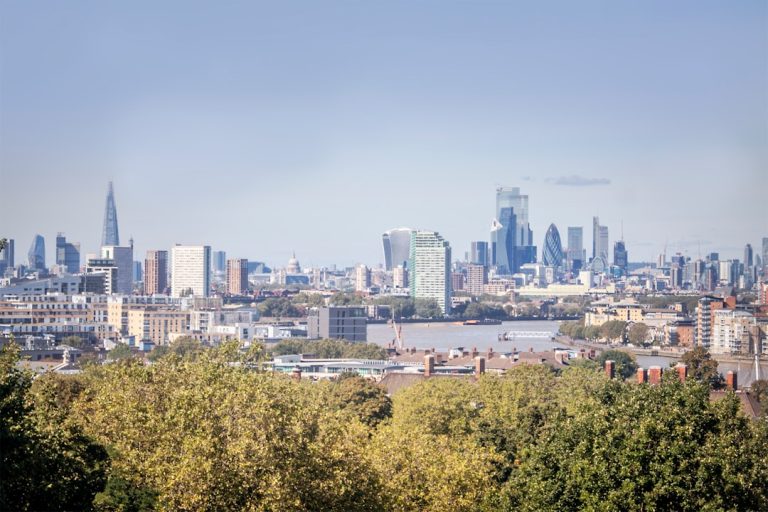 London skyline with the Shard, Gherkin and St Paul's Cathedral on a clear day